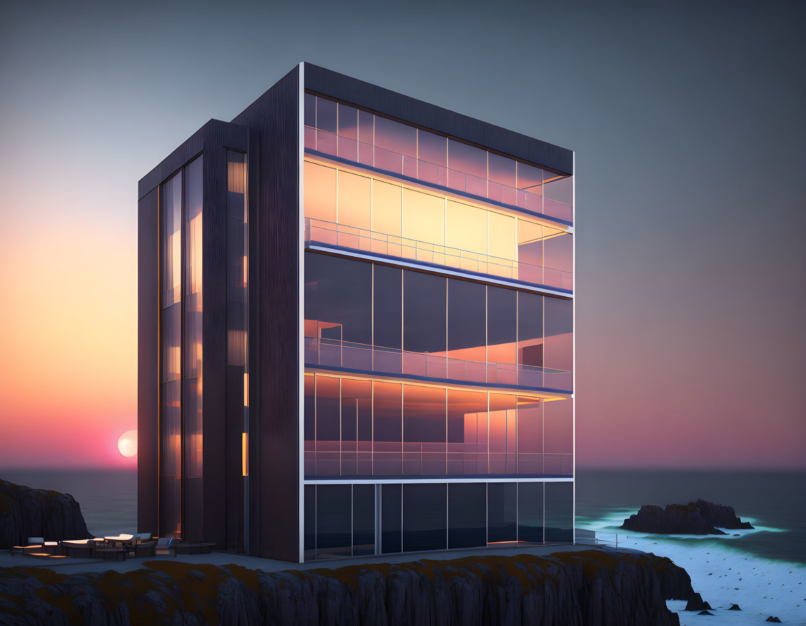 Glass building on cliff at sunset with ocean view and warm light.