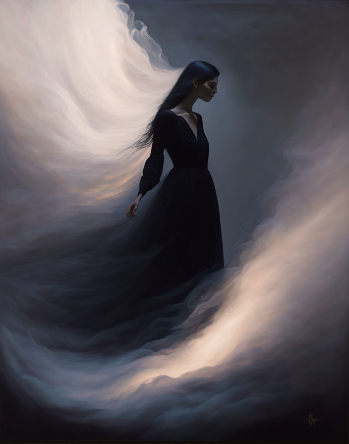 Woman in black dress surrounded by swirling mist and dramatic light contrast