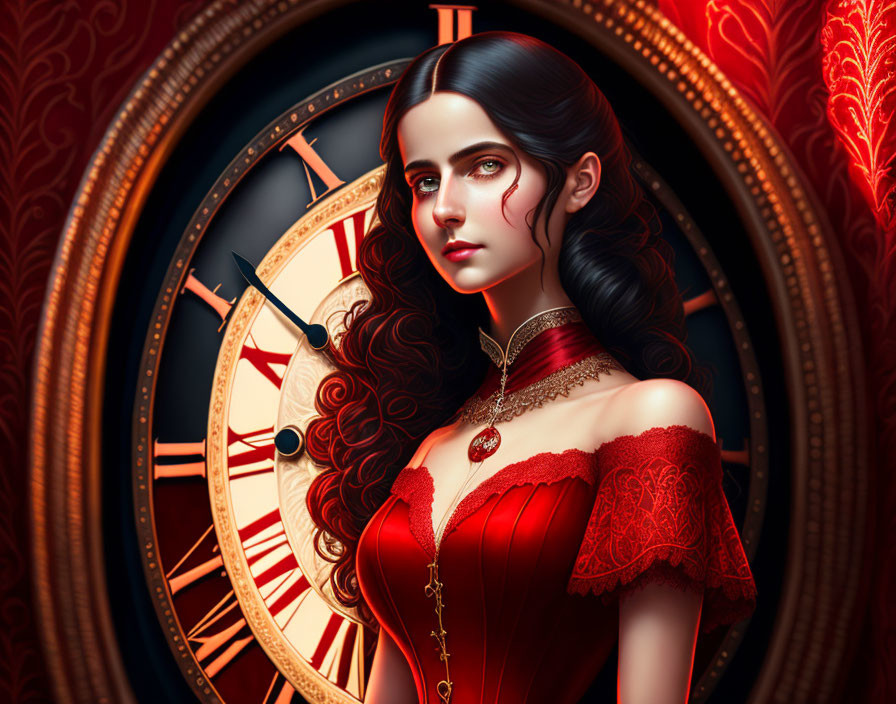 Digital artwork: Woman in red off-shoulder dress with dark hair and clockwork background