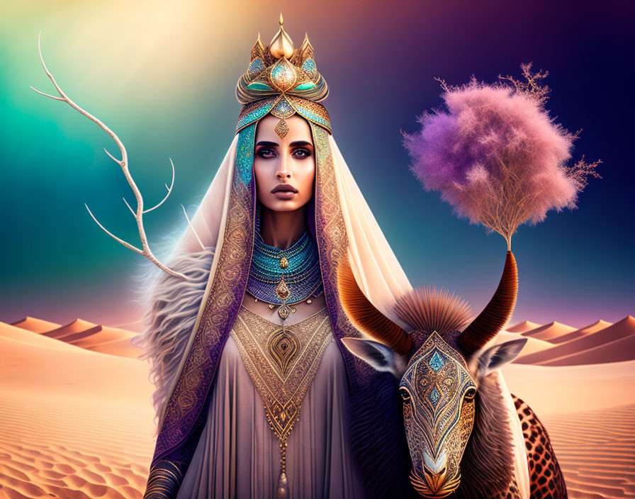 Mystical queen with elaborate headgear and ox in surreal desert landscape