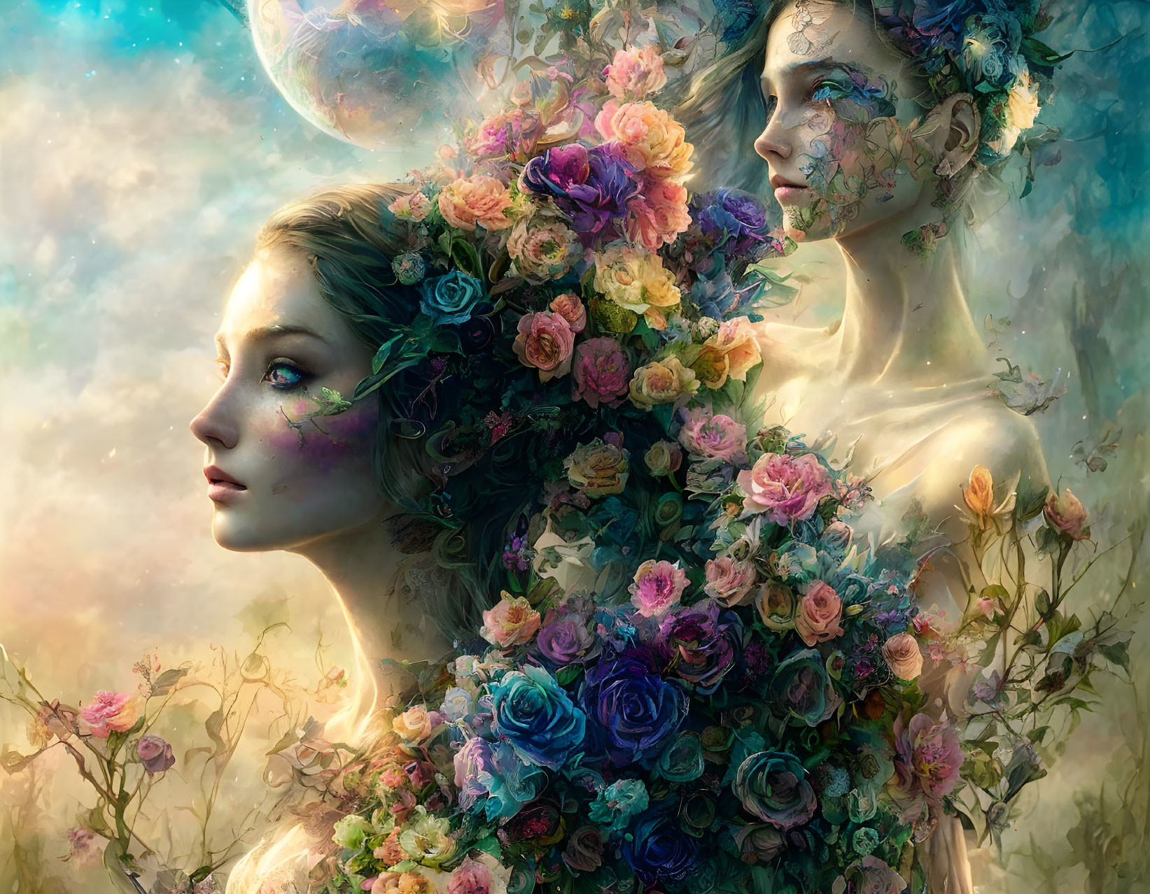 Ethereal women with vibrant flower adornments in dreamy setting