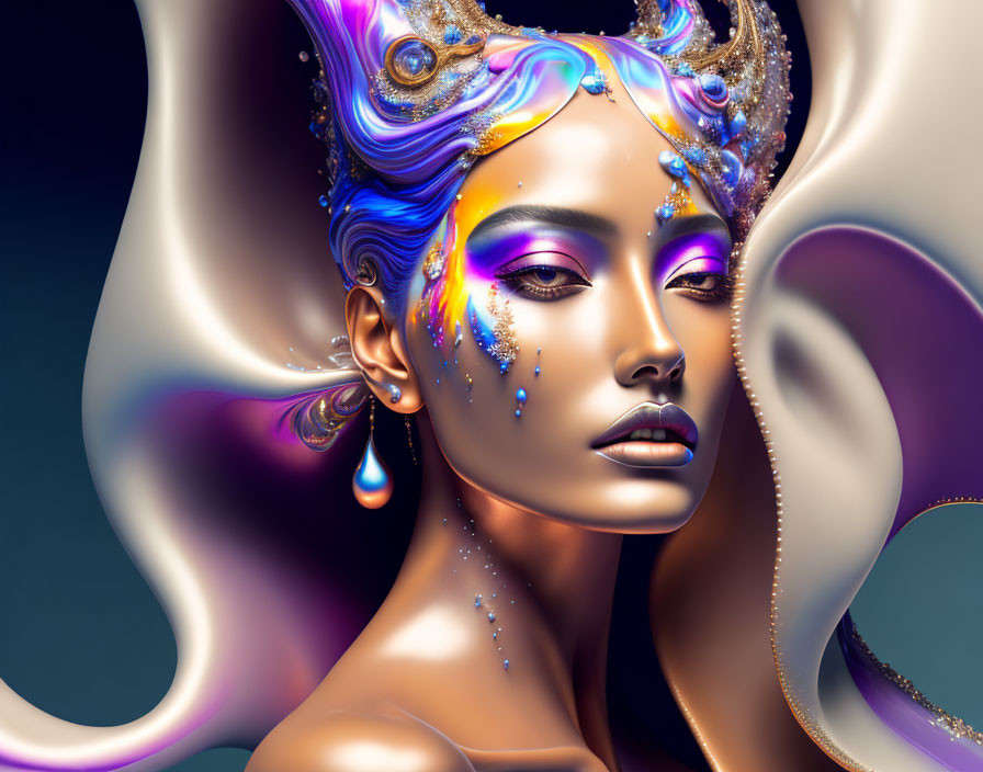 Colorful Surreal Portrait of Woman with Elaborate Headdress