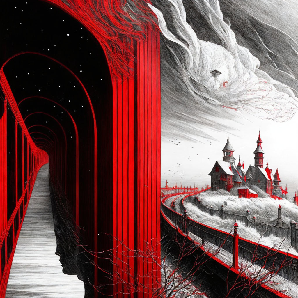 Surreal red and black bridge to castle in starry sky