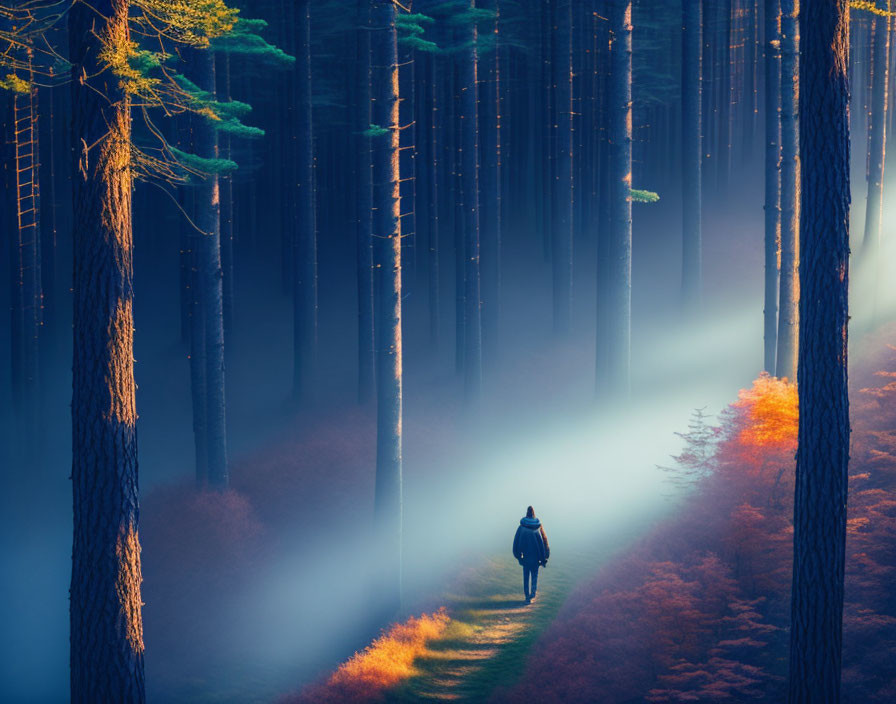 Person walking on forest path with tall trees and sunlight piercing through fog