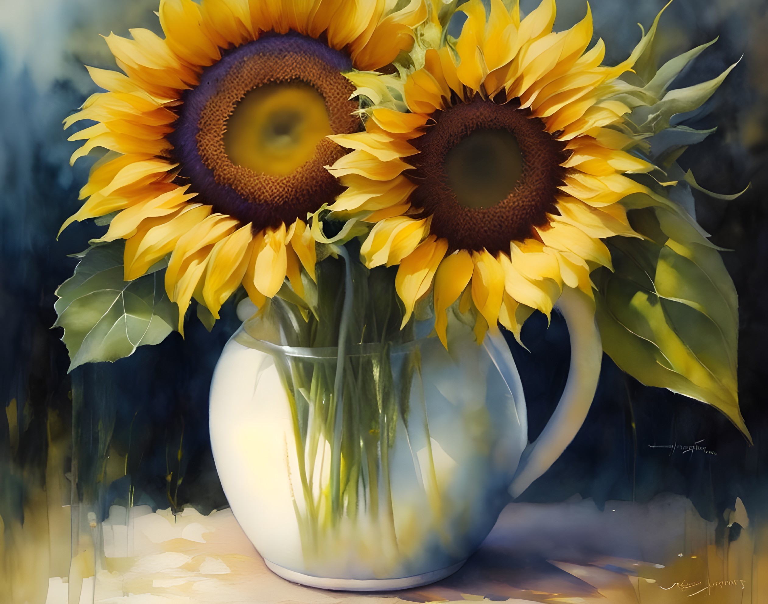 Bright sunflower bouquet in clear vase on blurred background