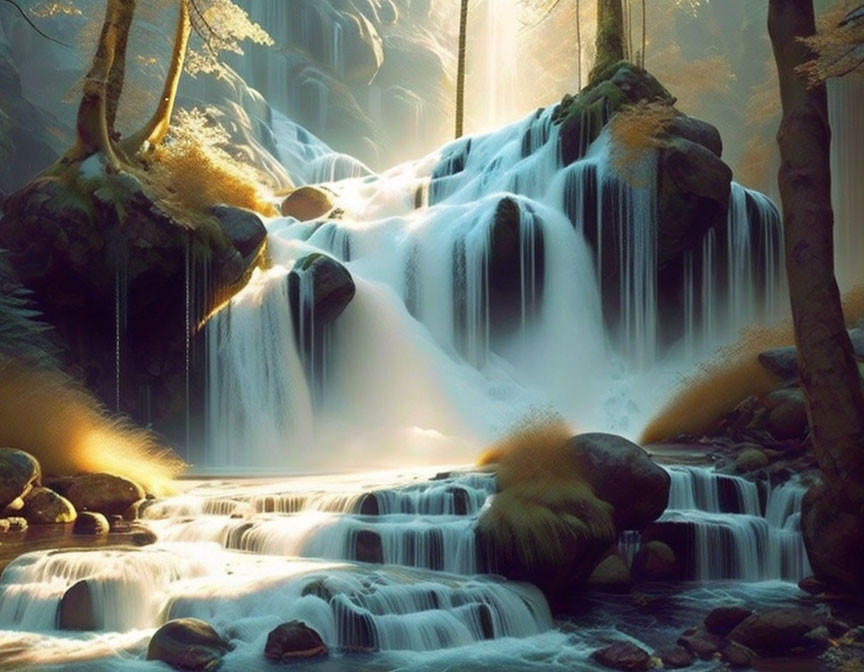 Tranquil forest waterfall in golden light