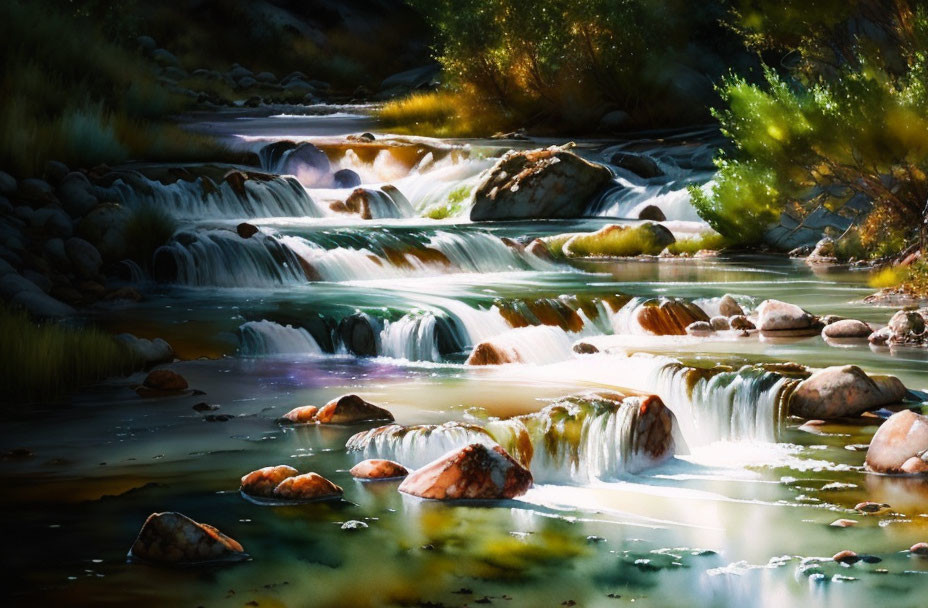 Tranquil stream with sunlight, greenery, clear water, and smooth rocks