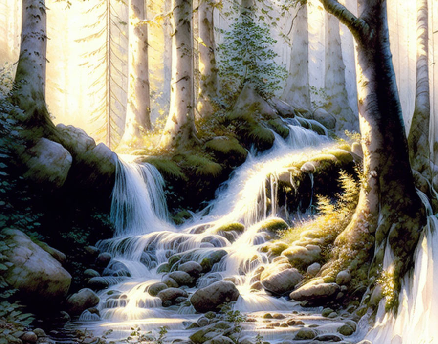 Sunlit Birch Forest with Moss-Covered Rocks & Waterfall