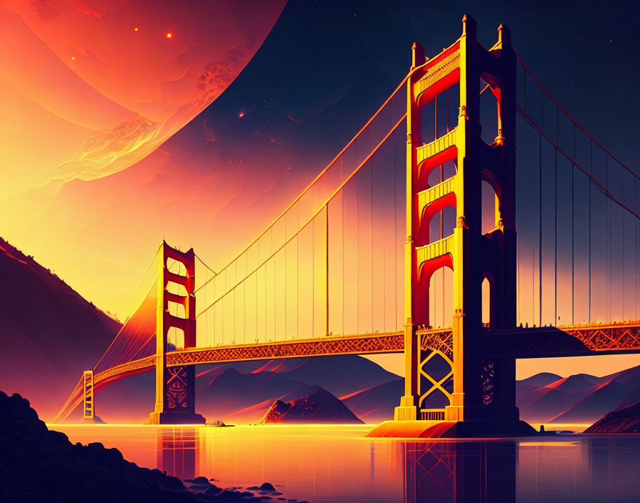 Golden Gate Bridge sunset illustration with red planet in sky