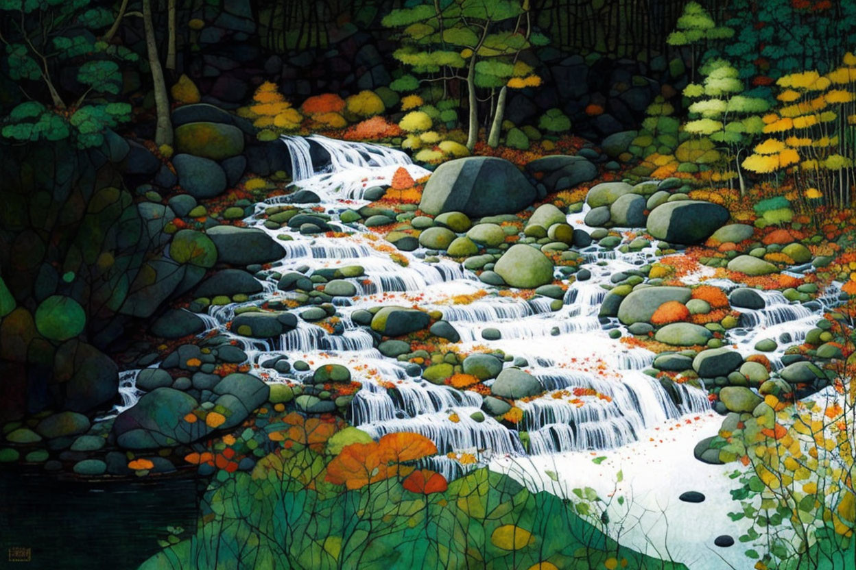 Autumnal forest stream with colorful rocks and trees