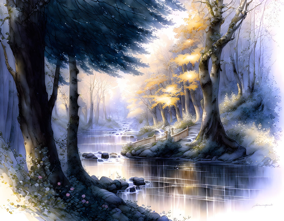 Tranquil forest scene with mist, river, trees, and bridge