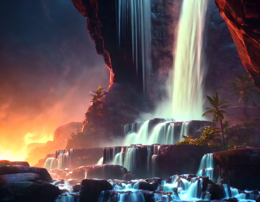 Tropical cliffs backdrop with majestic waterfalls at sunset