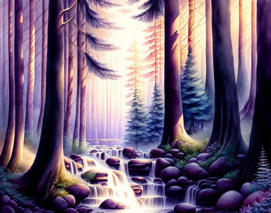 Enchanted forest with waterfall and sunbeams in purple and pink palette