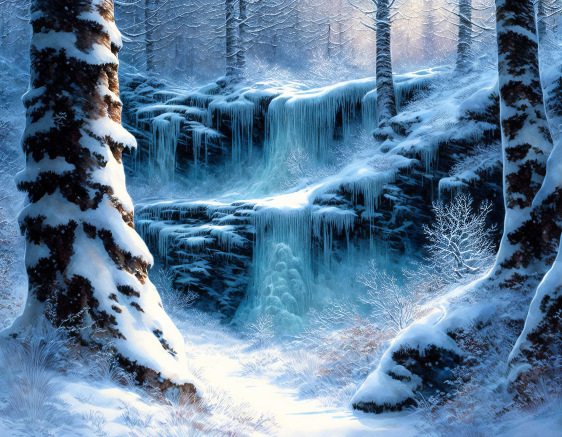 Snow-covered trees and frozen waterfall in serene winter landscape