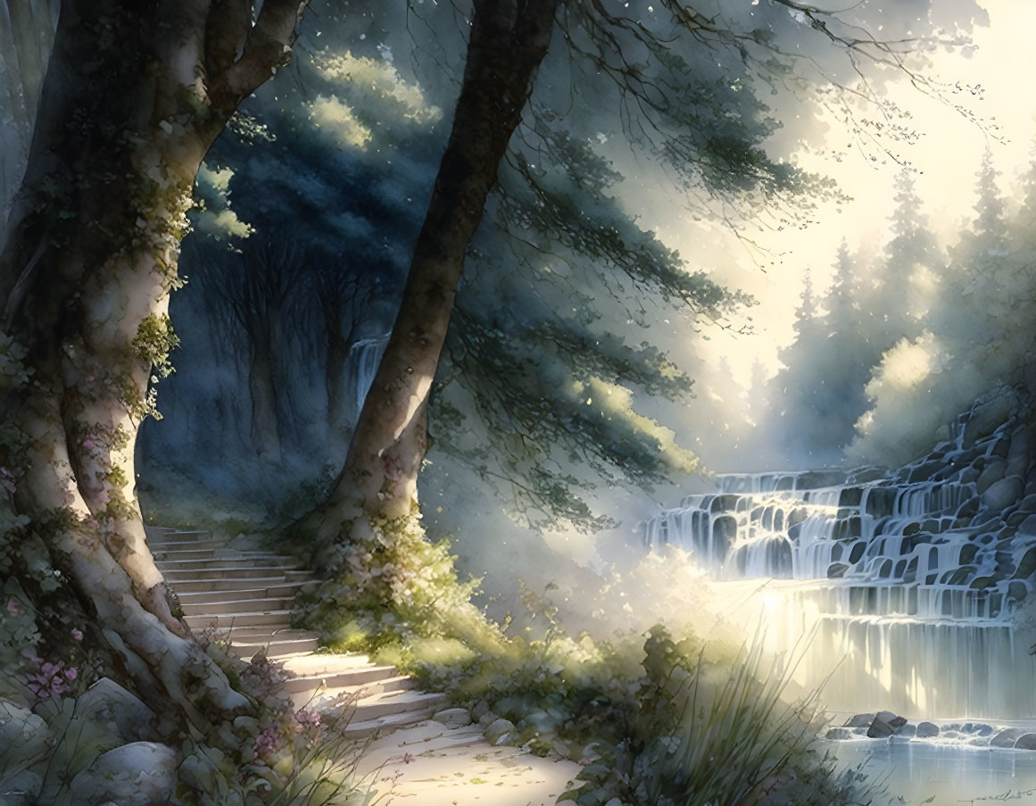 Tranquil forest landscape with waterfall, mist, and stone stairway