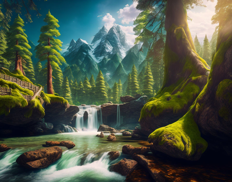 Tranquil landscape: waterfall, mossy boulders, bridge, coniferous trees,