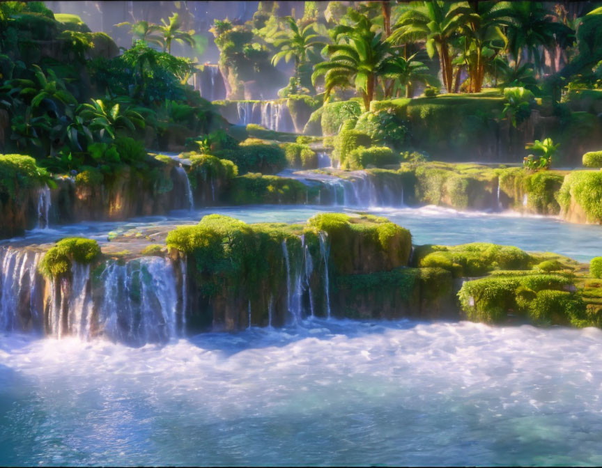 Tranquil Tropical Landscape with Cascading Waterfalls