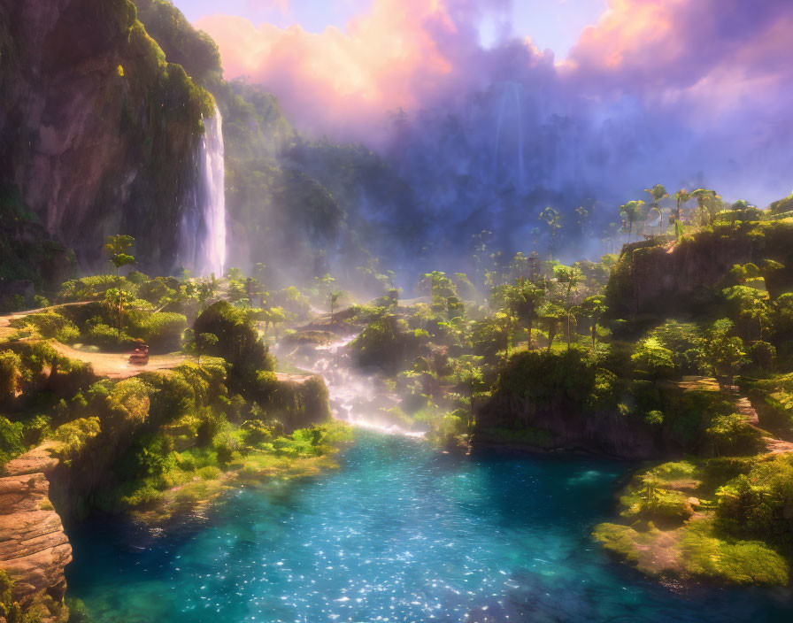 Mystical landscape featuring waterfall, lush greenery, shimmering water, and sunlight.