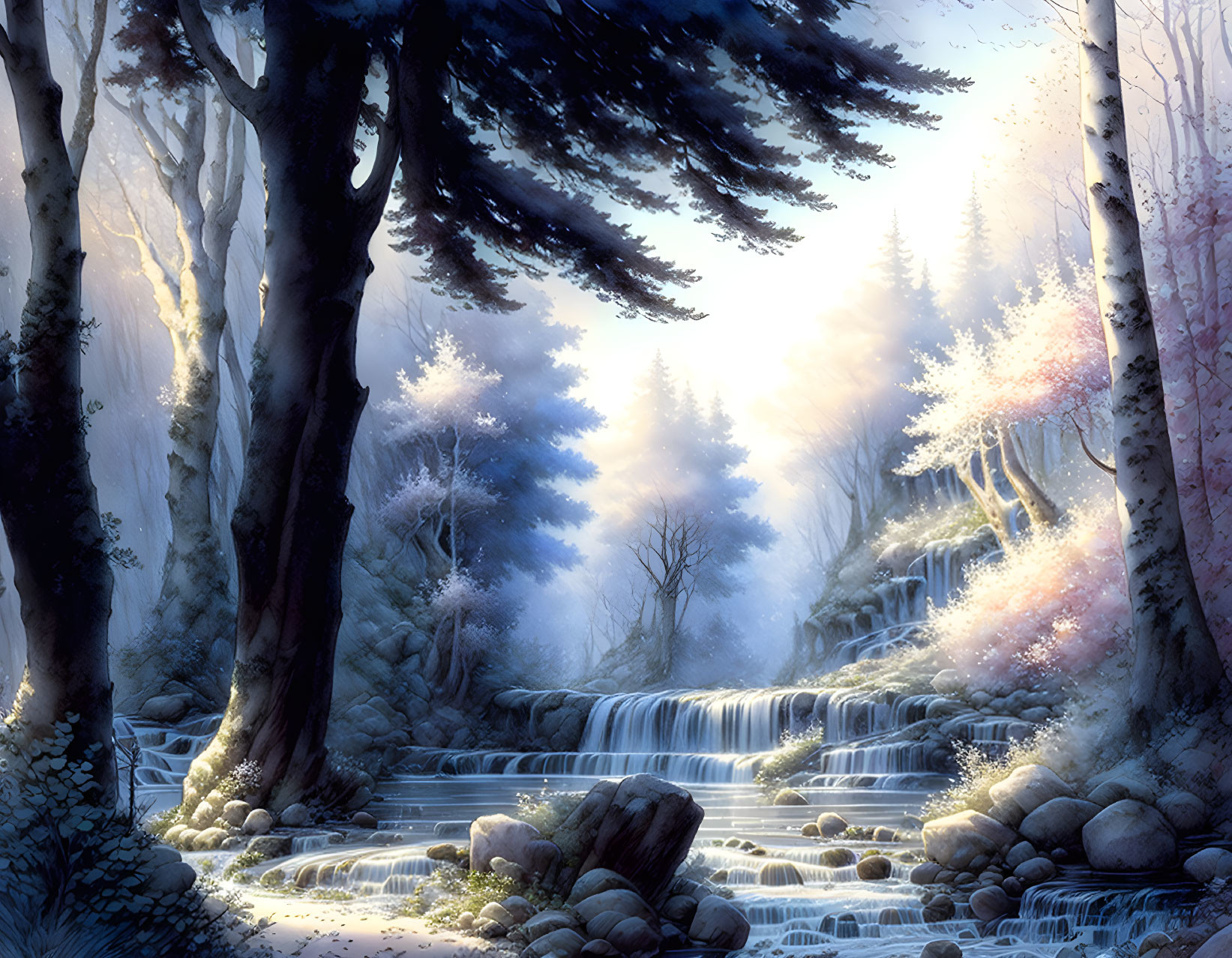 Ethereal forest scene with cascading waterfall and mystical light