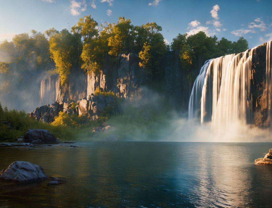 Majestic waterfall cascading into serene lake with sunlight and mist