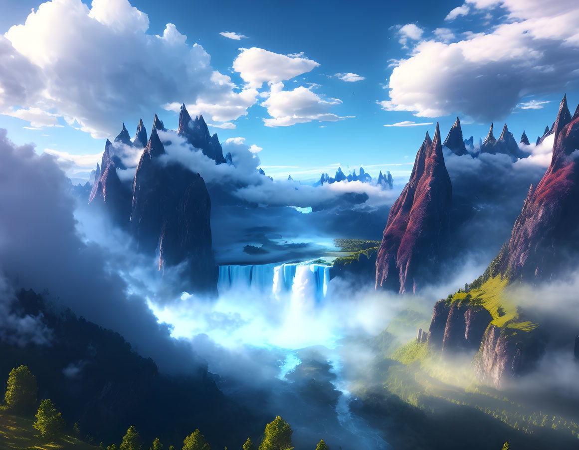 Majestic fantasy landscape with towering peaks and waterfall