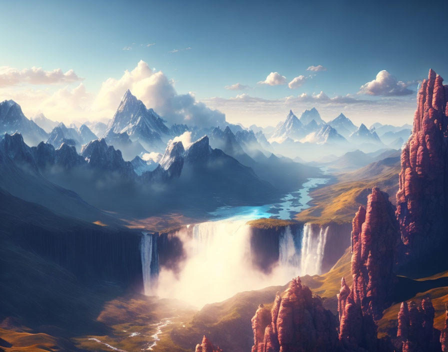 Fantasy landscape with mountains, waterfall, river, and hazy sky