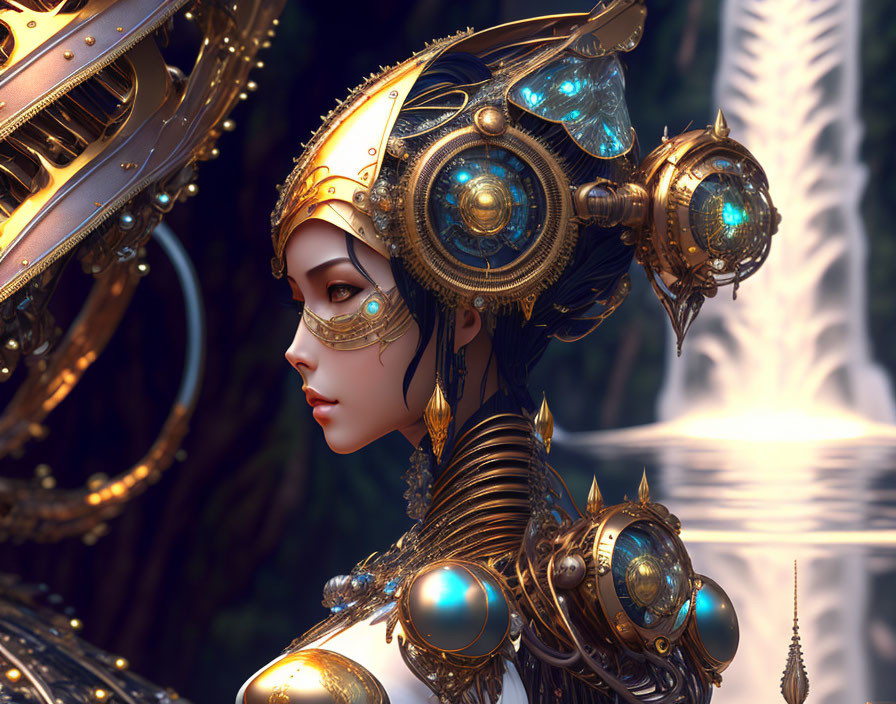 Elaborate steampunk-style armor with glowing gemstones