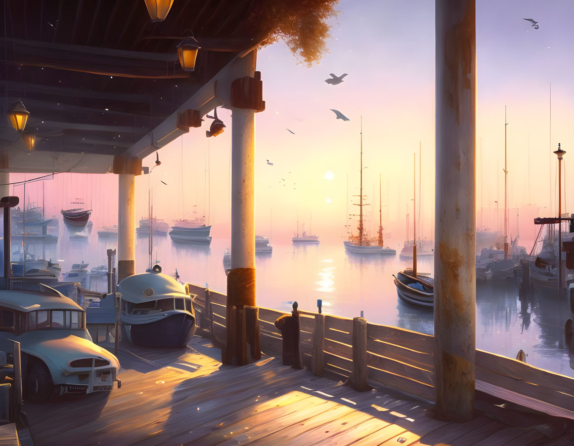 Tranquil harbor sunrise with boats, vintage car, seagulls on wooden deck