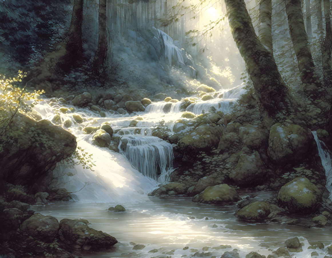 Tranquil woodland stream with cascading water and sunlight glow