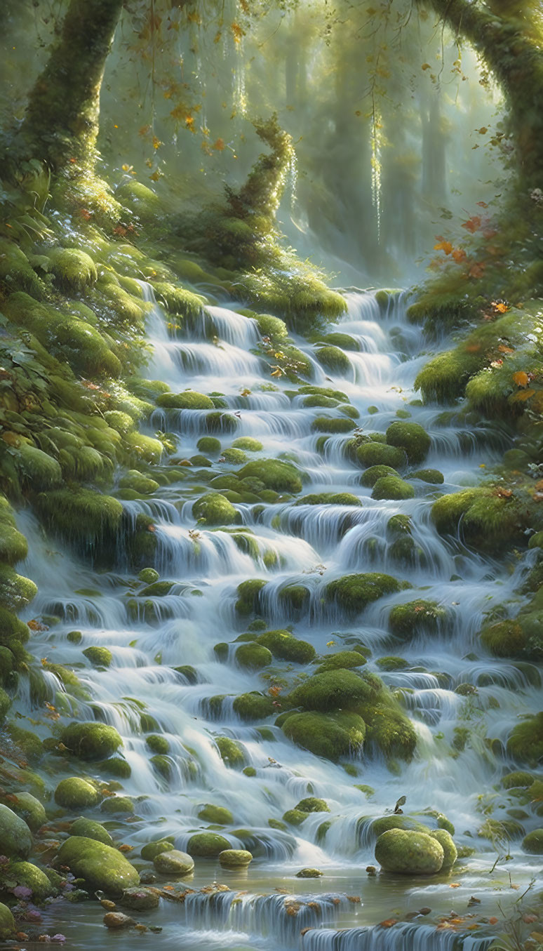 Tranquil forest scene: waterfall over mossy rocks