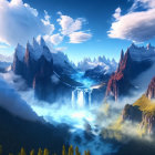 Majestic fantasy landscape with towering peaks and waterfall