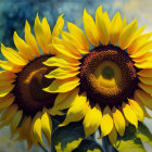 Vibrant sunflowers in oil painting with golden petals on muted background