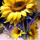 Sunflowers in different bloom stages against soft-focus backdrop