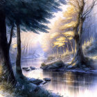 Tranquil forest scene with mist, river, trees, and bridge