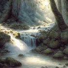 Tranquil woodland stream with cascading water and sunlight glow