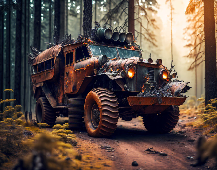 Post-apocalyptic vehicle in misty forest with large tires