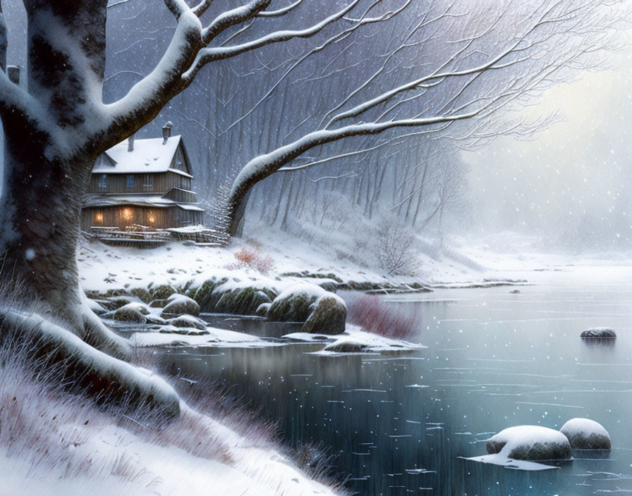 Snow-covered winter landscape with cozy cottage and frozen lake