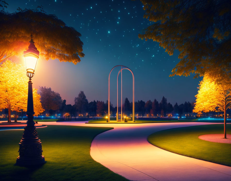 Tranquil park night scene with glowing lamp, illuminated trees, winding pathway, starry sky