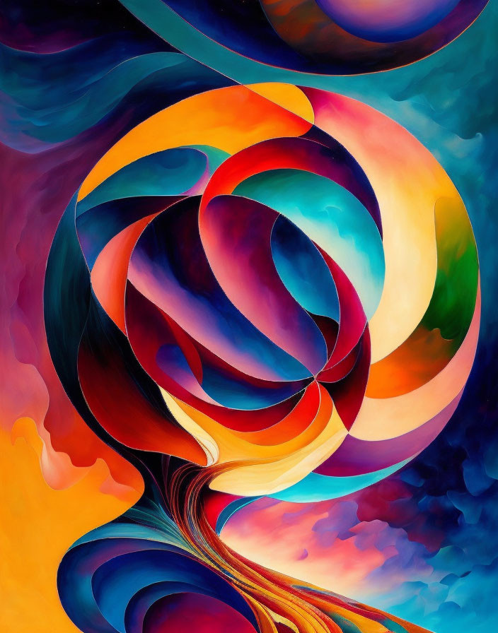 Vibrant Abstract Painting with Swirling Shapes and Dynamic Hues