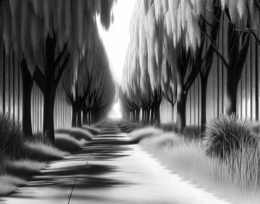 Serene monochrome path with willow trees and misty background