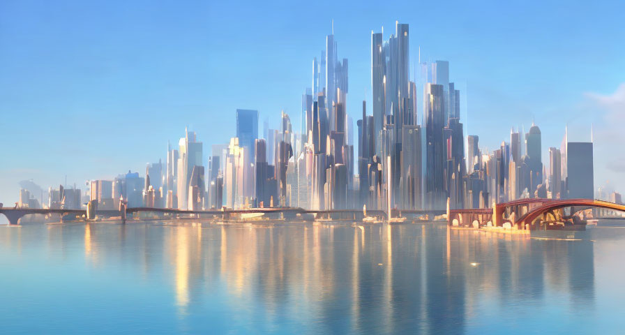 Golden sunlight illuminates futuristic city skyline with skyscrapers reflected in tranquil water under clear blue sky