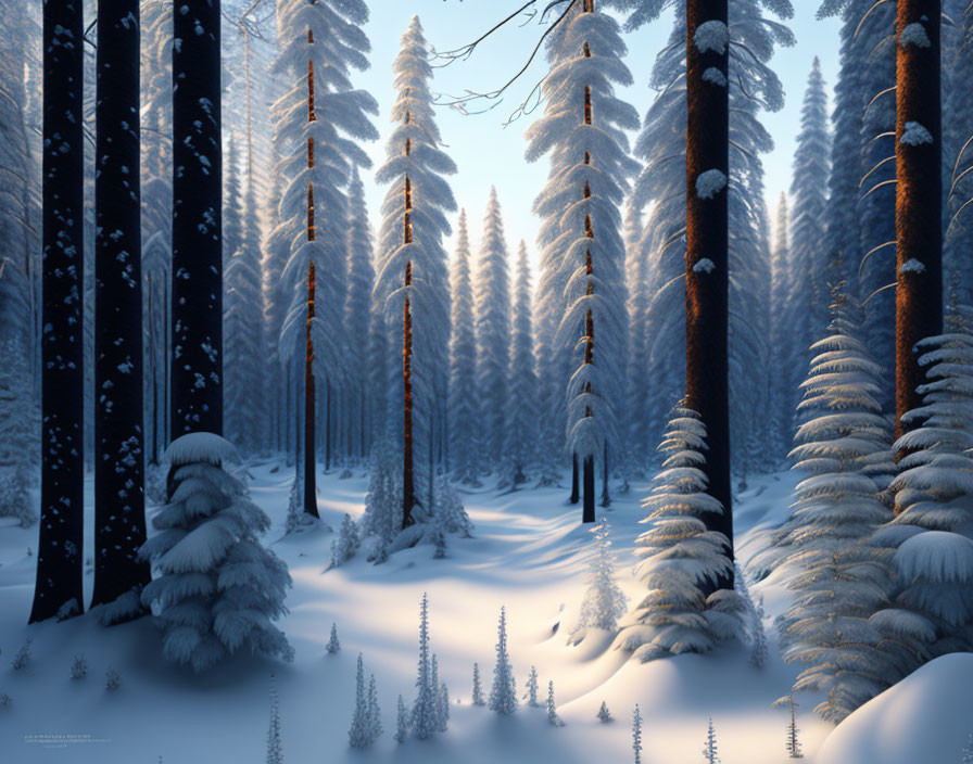 Snow-covered forest with tall trees and falling snowflakes in serene winter scene