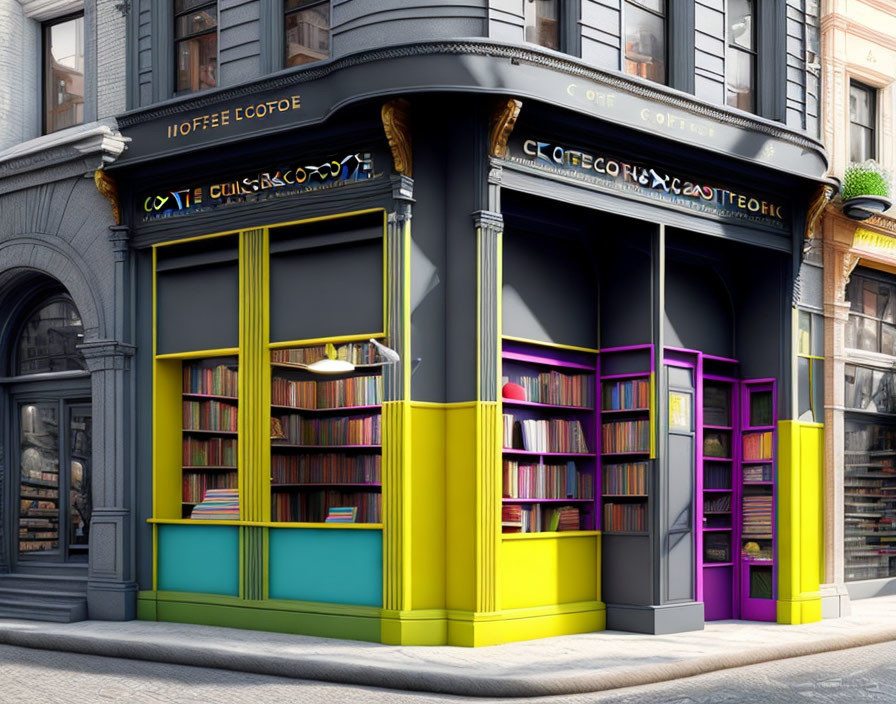 Vibrant yellow and purple facade bookstore in European city street