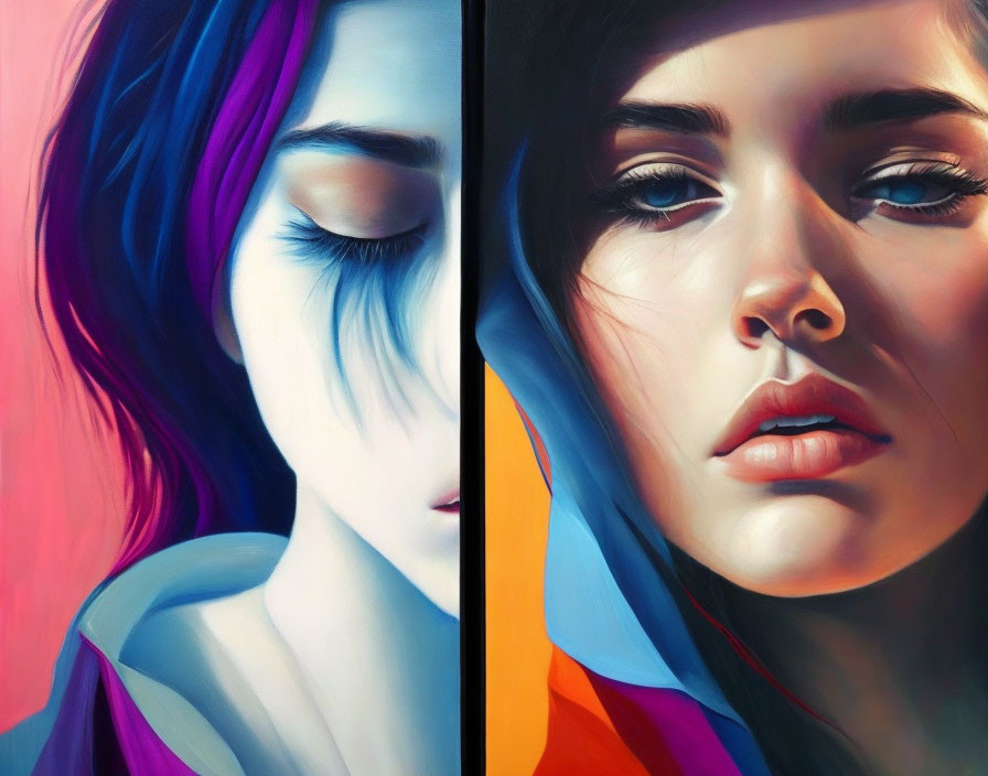 Vibrant diptych: stylized women's portraits with closed and open eyes