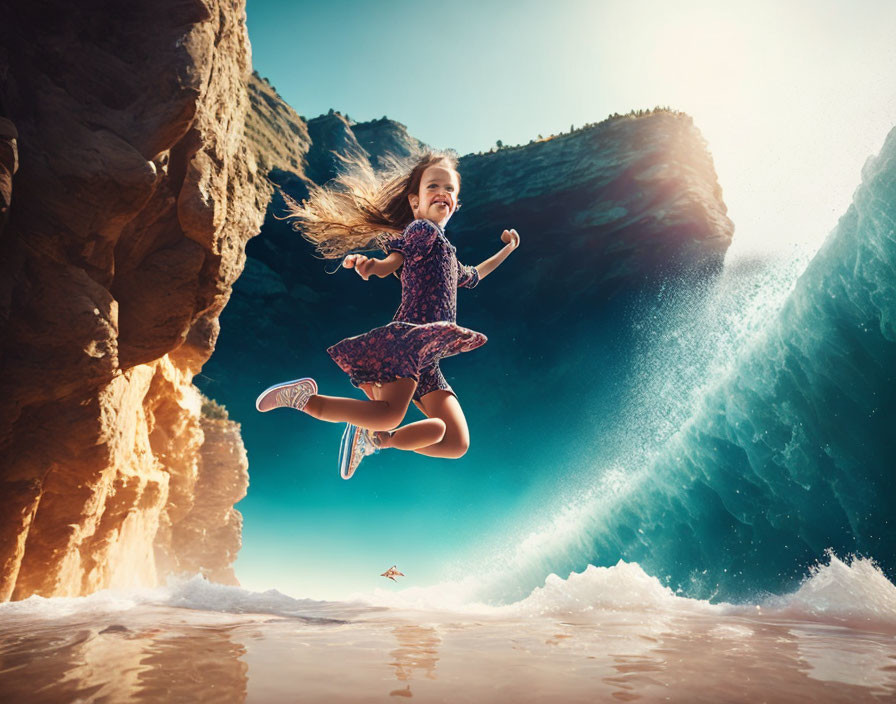 Young girl in dress leaps above crashing wave against cliffs