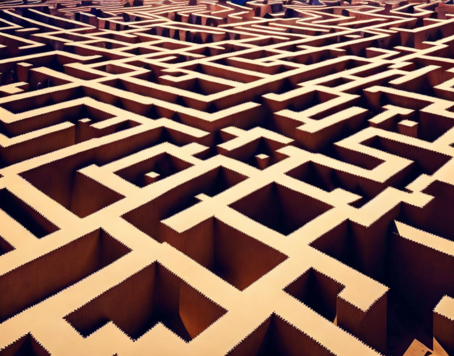 Complex 3D labyrinth with tall walls and shadows