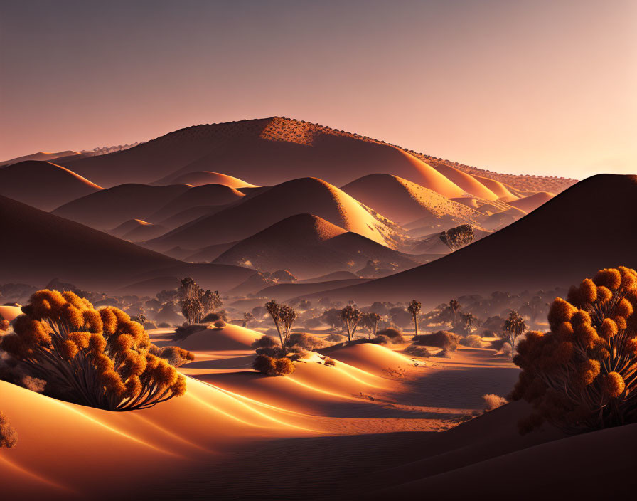 Sunlit Sand Dunes with Green Shrubs in Arid Landscape