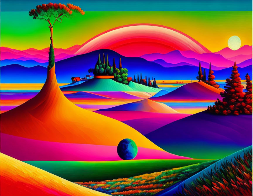 Colorful landscape with rolling hills, diverse trees, and vibrant sky.