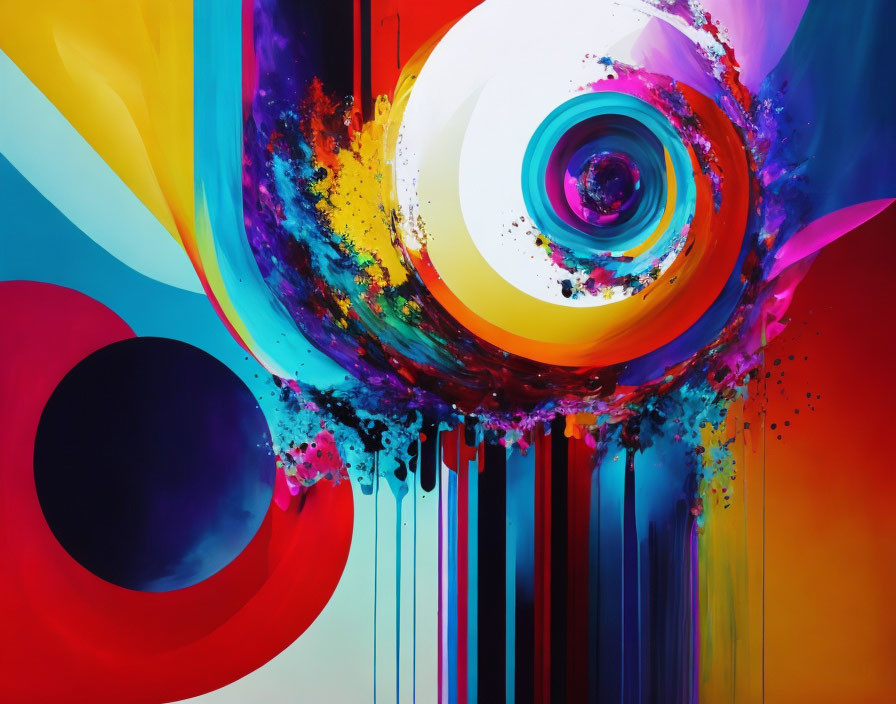 Colorful abstract painting with swirling patterns and dripping paint