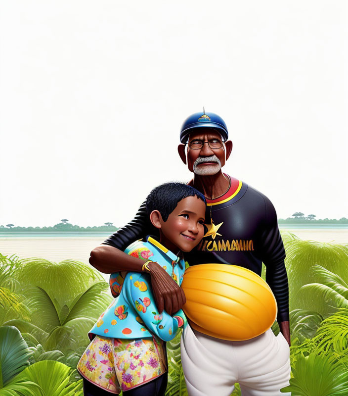 Smiling boy hugs yellow fruit next to older man in superhero costume by lake